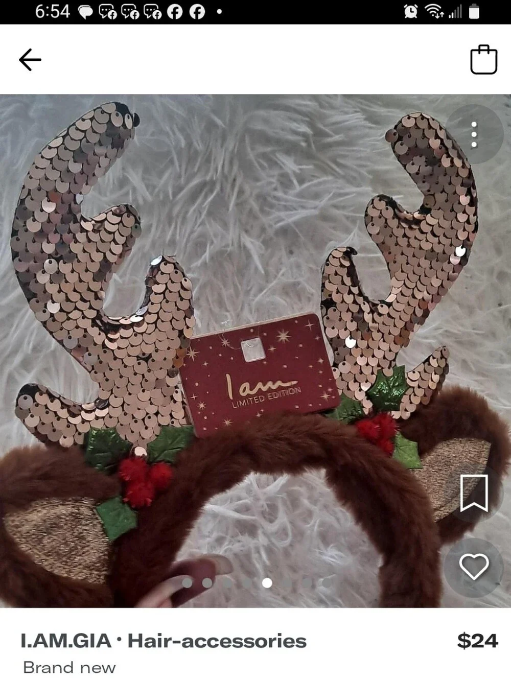 I AM Holiday Christmas Reindeer Antlers Headband Party Sequined Faux Fur
